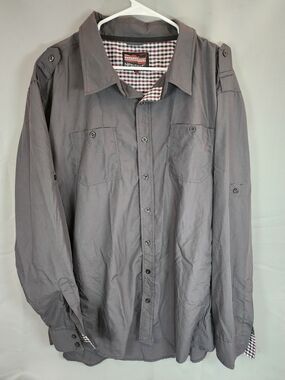 No Retreat Men’s Gray Button-Down Shirt Jacket with Check Trim